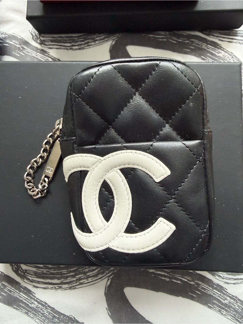 CHANEL Black Quilted Leather Pouch with White Cambon CC Logo